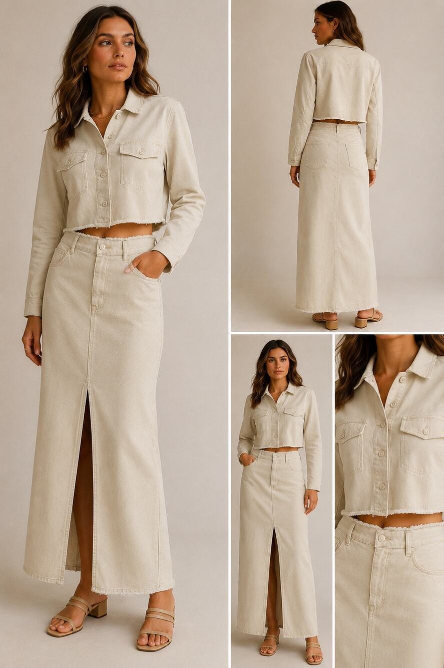 YFB Cream Denim Raw Hem Cropped Jacket Maxi Skirt Matching Set Size Medium Y2K